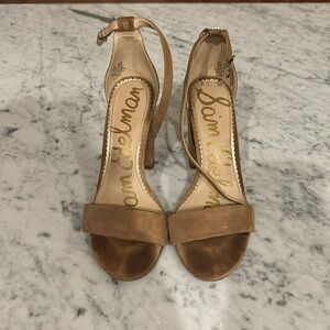 Sam Edelman Yaro Nude Suede Open Toe Heeled Sandal Pump (Oatmeal, 6 1/2)